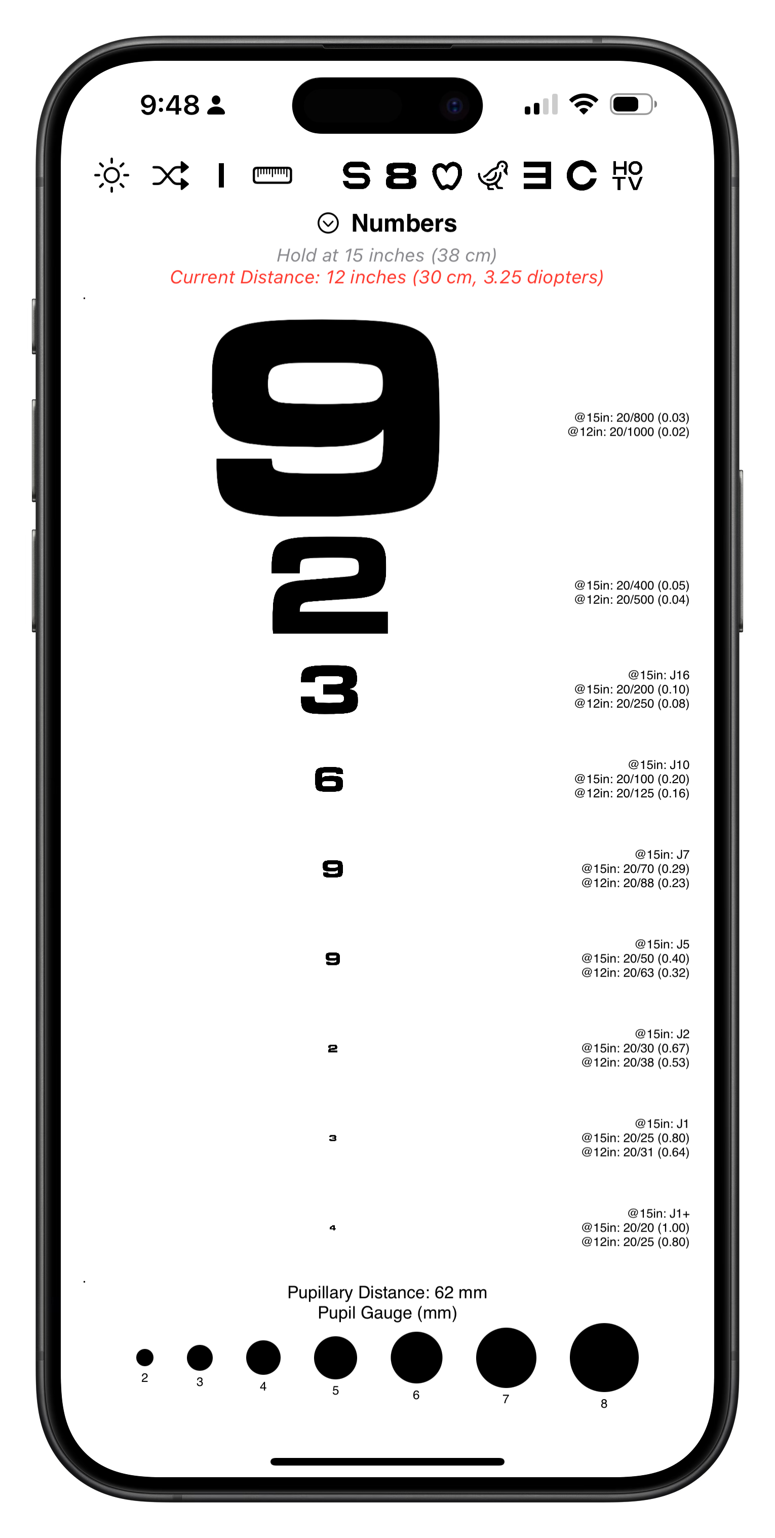 Number Eye Chart on the Eye Chart App